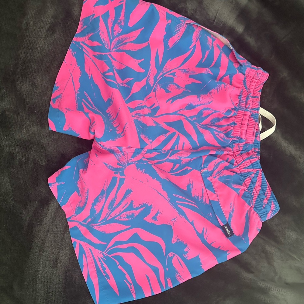 Chubbies Pink and Blue Athletic Shorts with Tropical Design